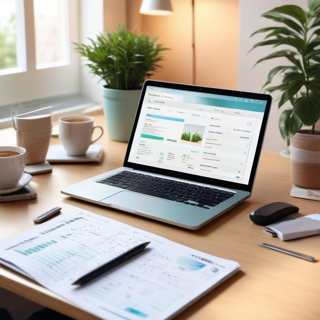 A modern digital workspace featuring a laptop displaying an online banking interface, scattered notes with essential finance tips, a coffee cup, and a plant for a cozy vibe. A glowing digital wallet graphic overlays the scene, symbolizing financial success. Soft pastel colors create a calming atmosphere. super-realistic. vibrant colors.
