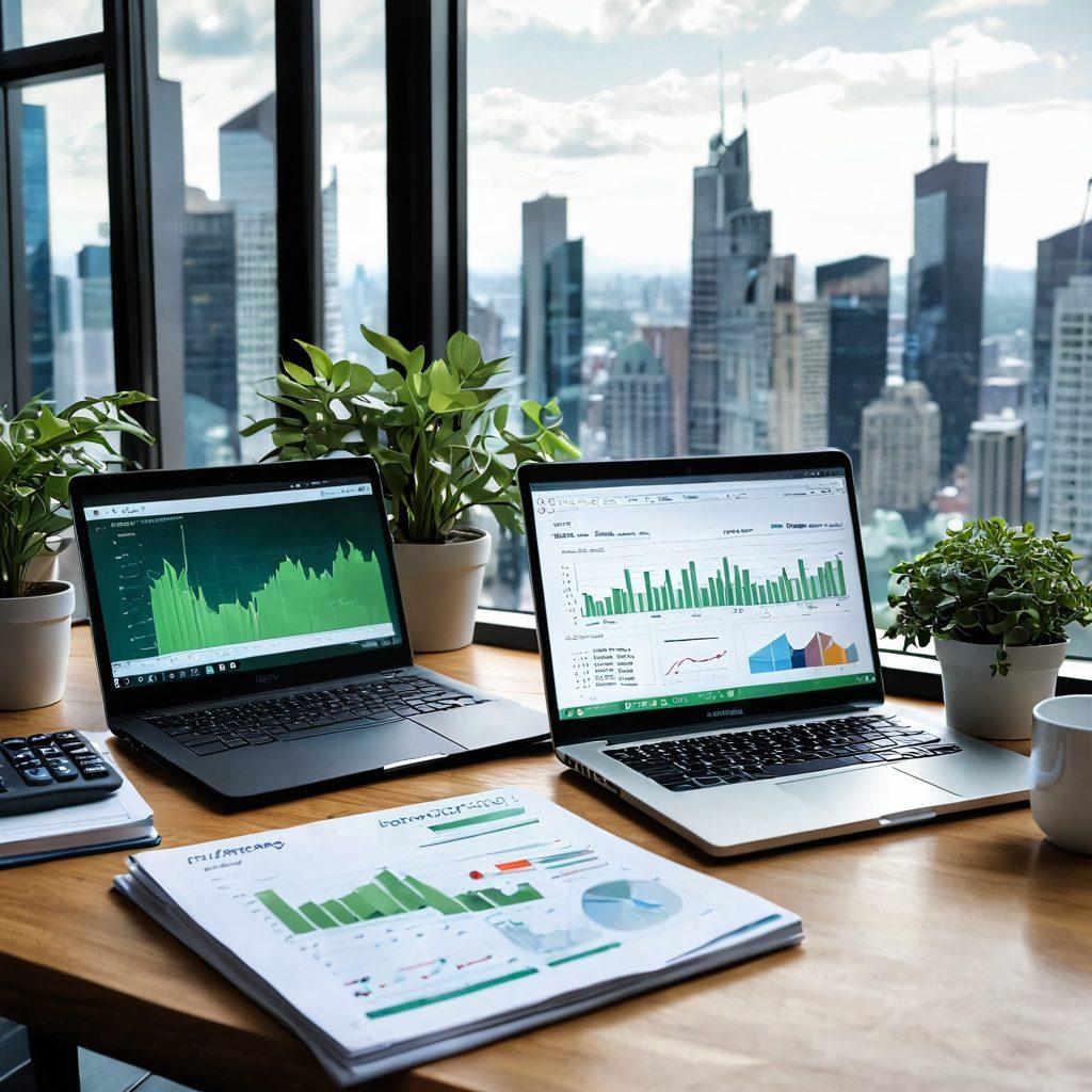 A sophisticated and modern office desk setup featuring a laptop displaying financial graphs and a notebook filled with wealth management strategies. Include elements like a calculator, a piggy bank, and investment books stacked neatly beside a lush green plant for a touch of nature. The background should depict a sleek city skyline through a large window, symbolizing prosperity. super-realistic. vibrant colors. 3D.