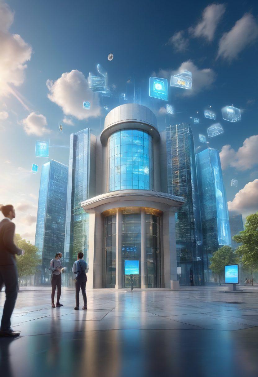 A visually engaging landscape depicting a digital banking environment, featuring a futuristic bank building with holographic screens displaying financial data and literacy tips. Include a diverse group of people interacting with digital devices, like smartphones and tablets, while a bright sky with clouds shaped like coins, symbolizing financial success. Add elements representing security, like virtual locks and shields, to emphasize safety in digital banking. vibrant colors. 3D.